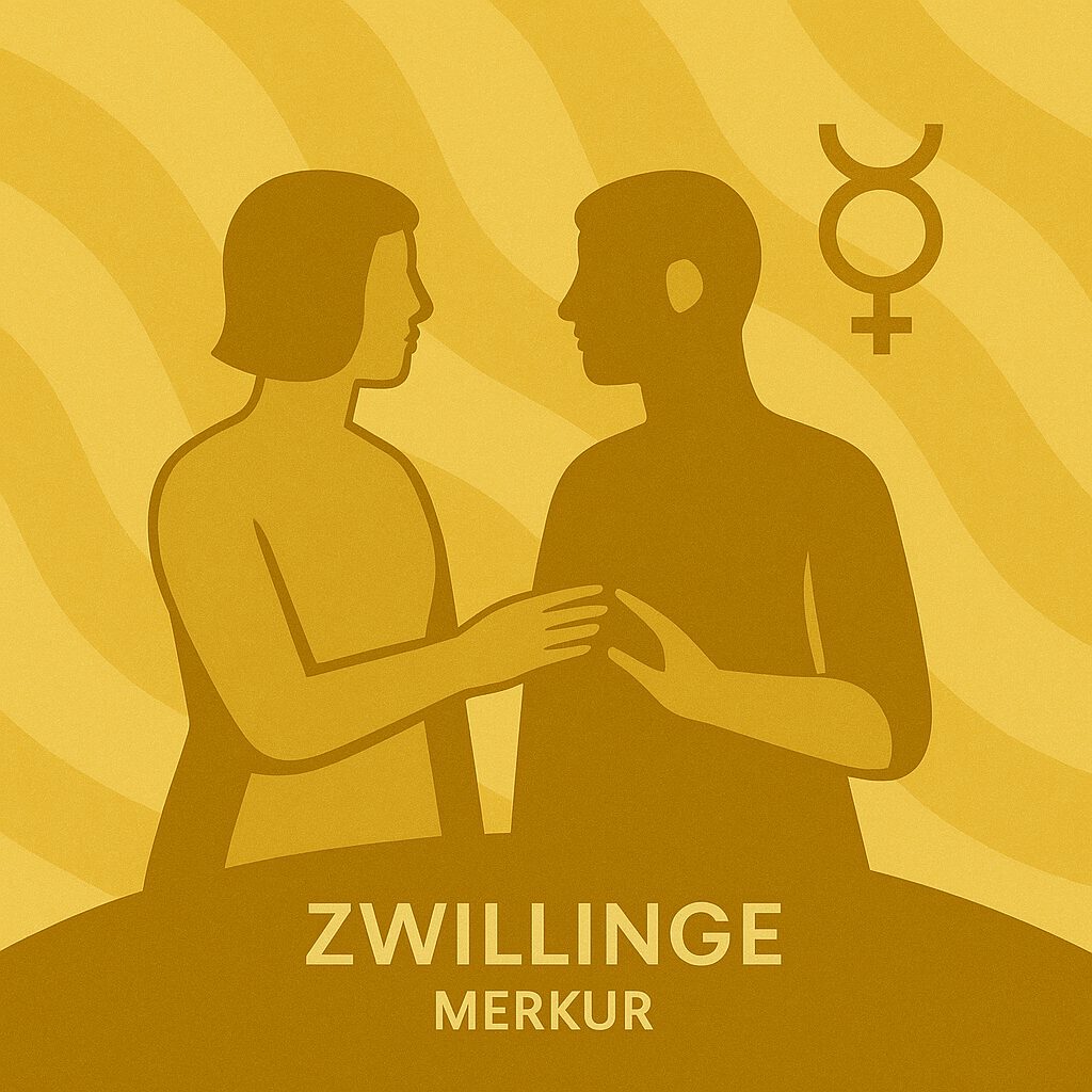 drittes Urprinzip zwei Menschen, die sich an den Händen berühren und sich zugewandt ansehen mit gelben Wellen im Hintergrund Zwillinge Merkur