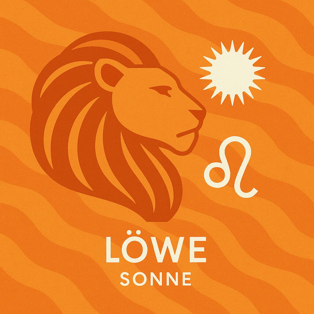 fünftes Urprinzip ein Löwenkopf von der Seite, der nach rechts schaut mit einer Sonne im Hintergrund und orangefarbenen Wellenlinien Löwe Sonne