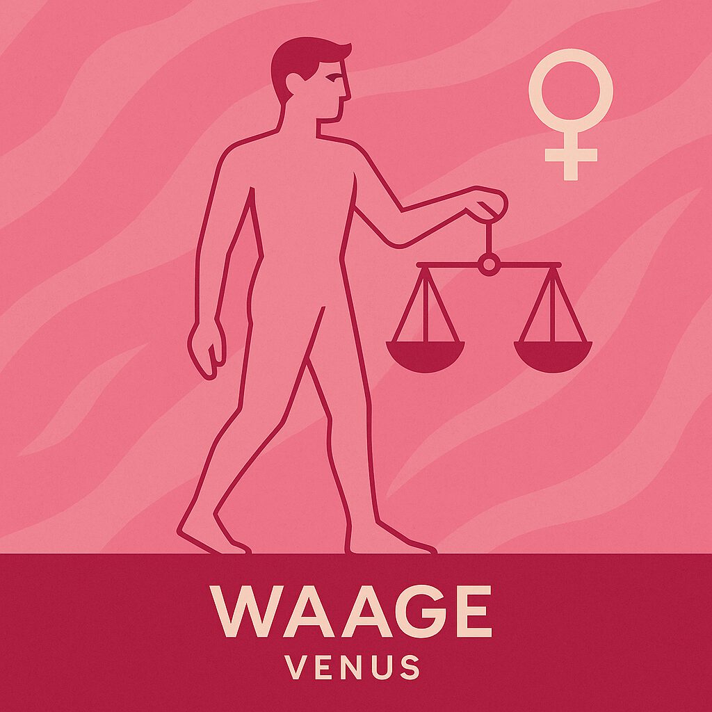 siebtes Urprinzip ein Mann hält eine Waage in der linken Hand und läuft nach rechts mit rosafarbenen Wellen im Hintergrund Waage Venus