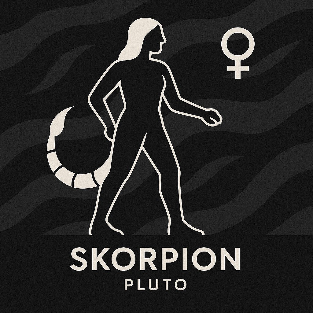achtes Urprinzip eine Frau mit einem Skorpionschwanz schaut und läuft nach rechts im Hintergrund schwarze Wellen Pluto Skorpion