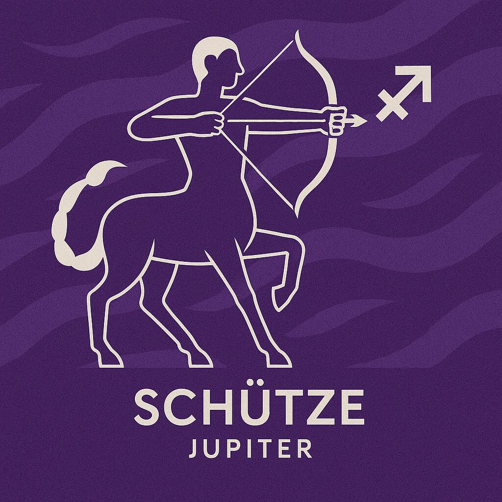 neuntes Urprinzip ein Zentaur, halb Mensch, halb Pferd von der Seitenansicht hält Pfeil und Bogen gespannt mit lilafarbenen Wellen im Hintergrund Schütze Jupiter
