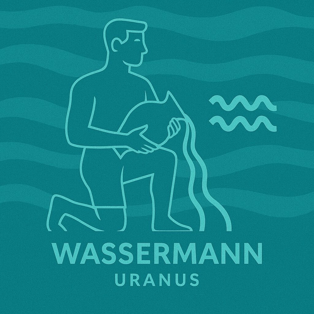 elftes Urprinzip ein Mann gießt einen Wasserkrug aus mit türkisfarbenen Wellen im Hintergrund Wassermann Uranus