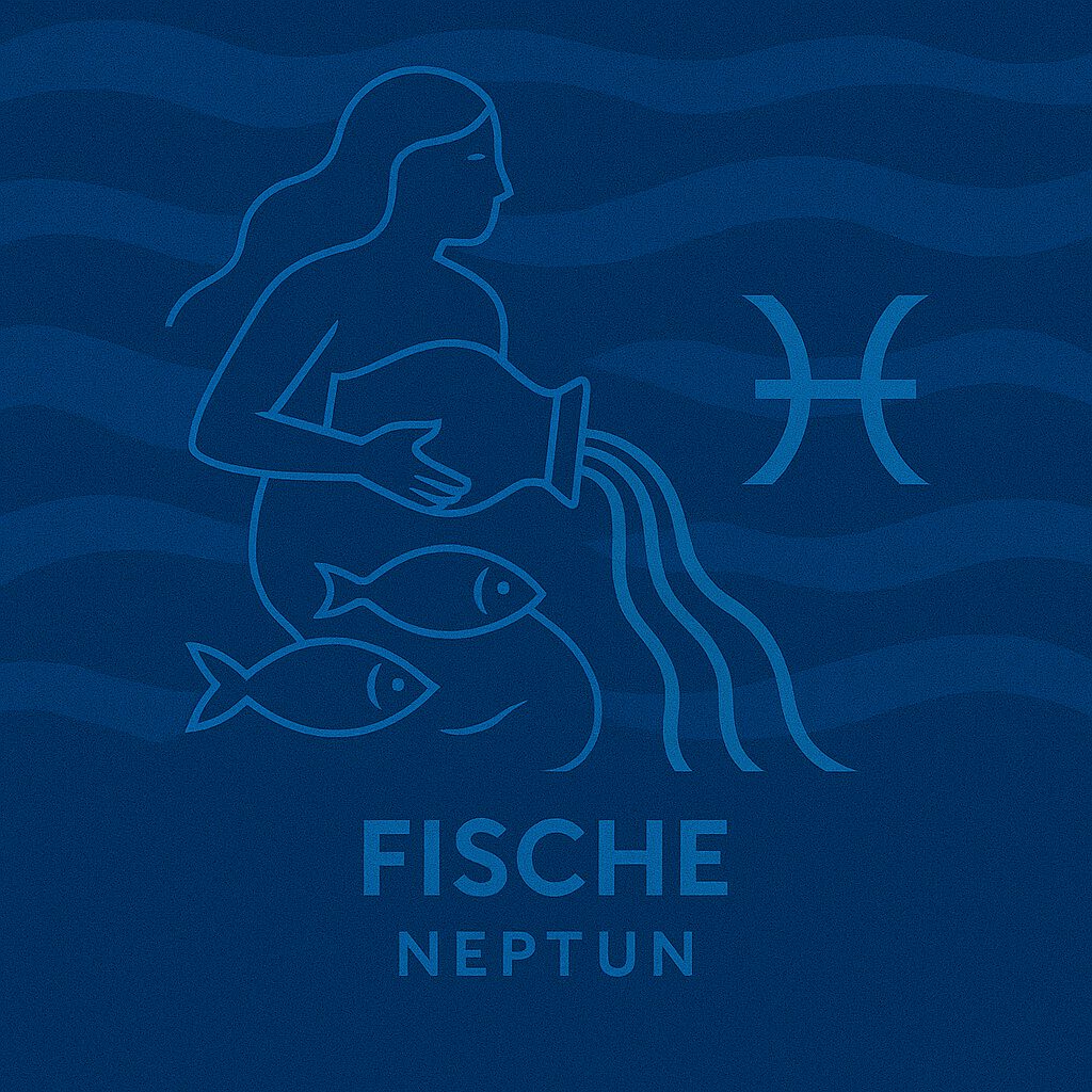 zwölftes Urprinzip eine Frau gießt einen Wasserkrug aus daneben schwimmen Fische mit dunkelblauen Wellen im Hintergrund Fische Neptun